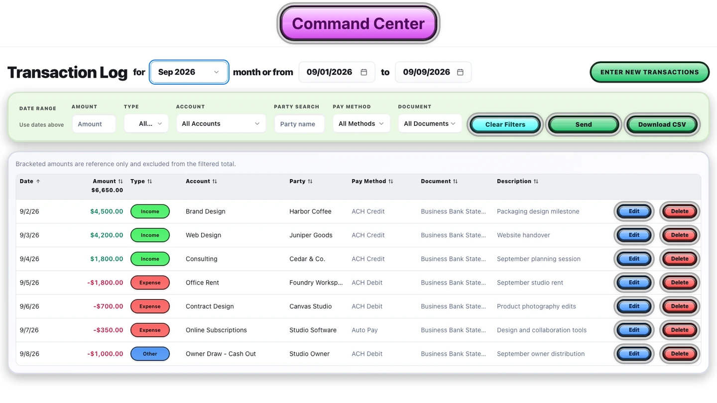 Filter, categorize and edit transaction records, with a CSV export of the selected activity.